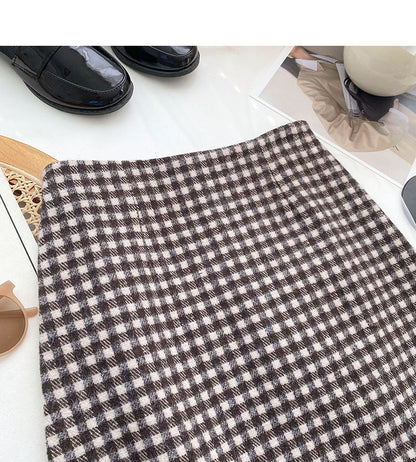 High waist Plaid tweed Hip Wrap Skirt shows thin A-line skirt  5515