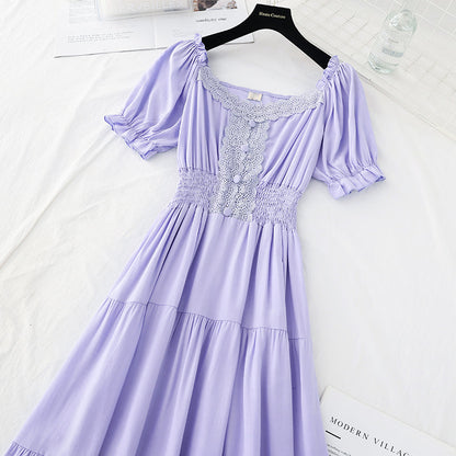 Bubble sleeve cotton linen dress lace edge French retro long skirt  4179