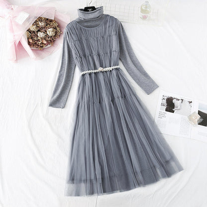 Mesh vest skirt + high neck bottomed shirt two-piece set  4578