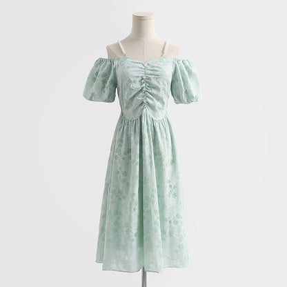 French off shoulder suspender cotton linen dress  4293