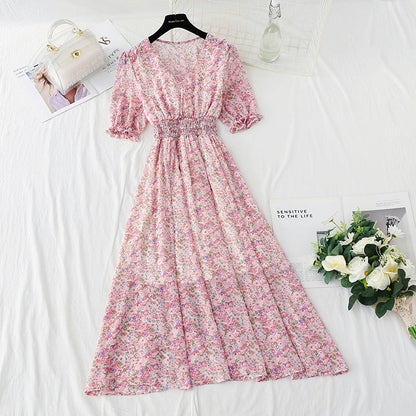 New French gentle V-neck Bubble Sleeve Chiffon fairy skirt  4876