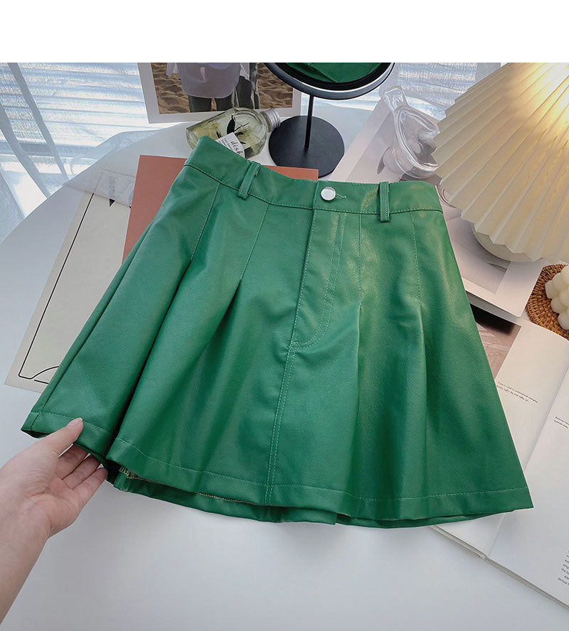Korean slim fashion age reducing high waist pleated leather skirt  5461