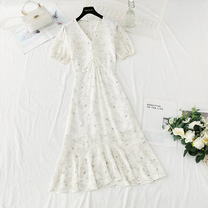 French V-neck slim Chiffon fishtail Ruffle Skirt  4853