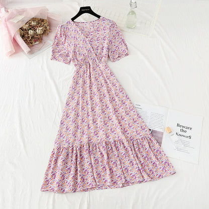 Floral Chiffon Dress gentle wind long skirt sweet V-neck  4859