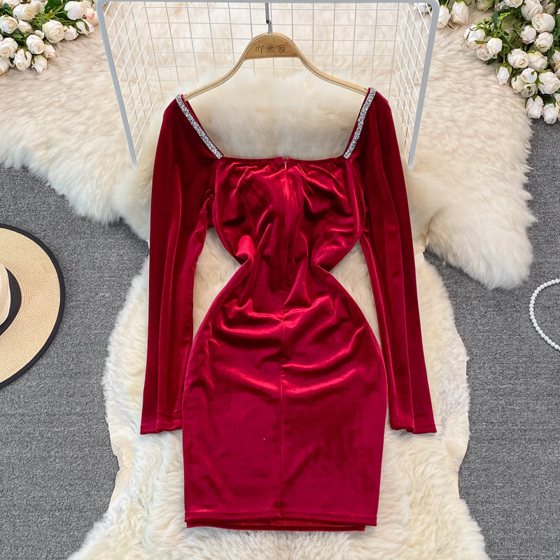 Velvet with diamond temperament, slim waist, sexy hip wrap dress  3750