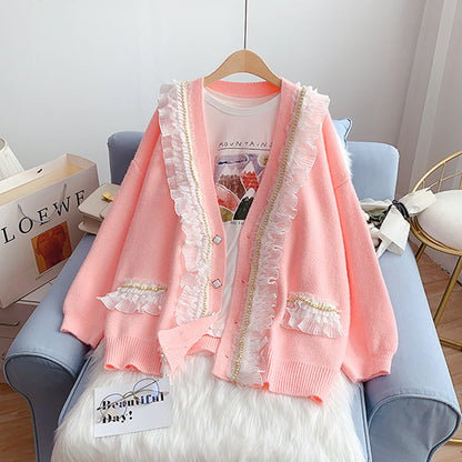 Loose design sense of minority sweet knitted coat  5060