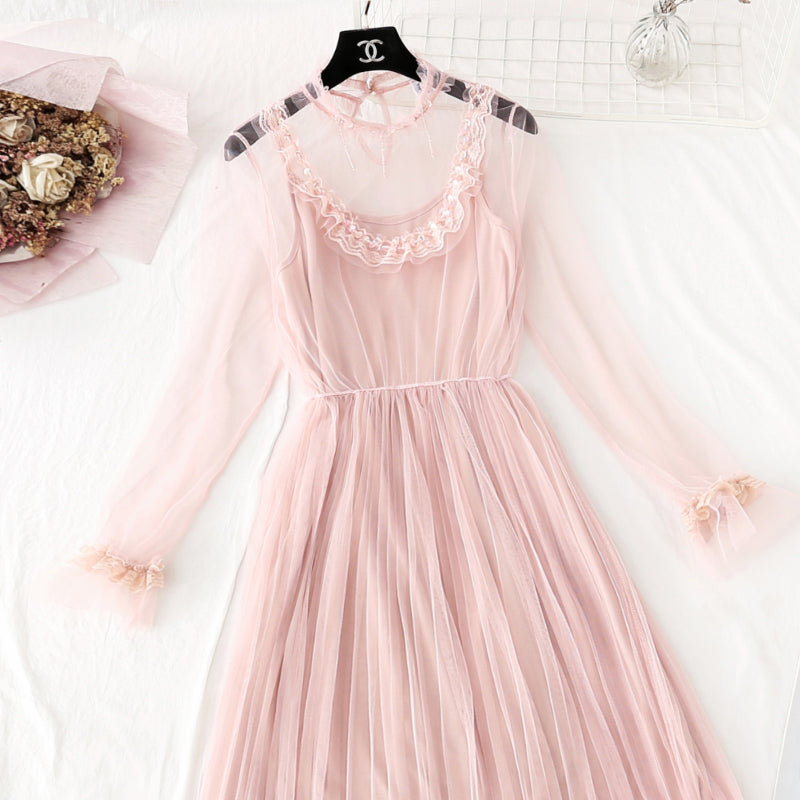 New suspender pleated long skirt fairy super fairy series French Retro  4025