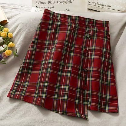 Literary, small and fresh, irregular breasted high waist A-line skirt, plaid skirt  3614