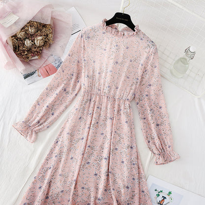 New style fungus Ruffle Skirt round neck slim Chiffon Dress  4834
