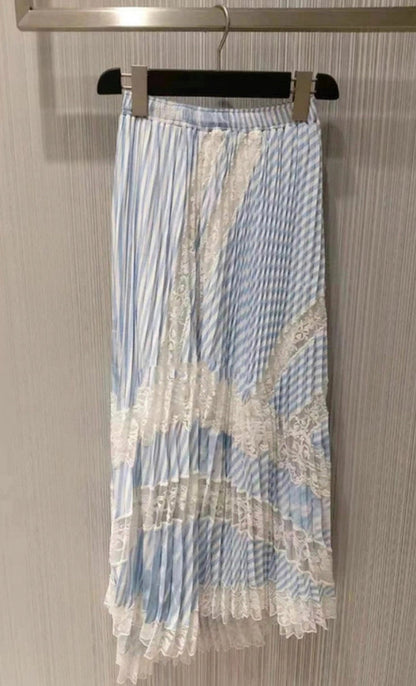 Spring and summer, new style, high waist color patchwork stripes pleated skirt, lace embroidery patchwork long skirt  3640