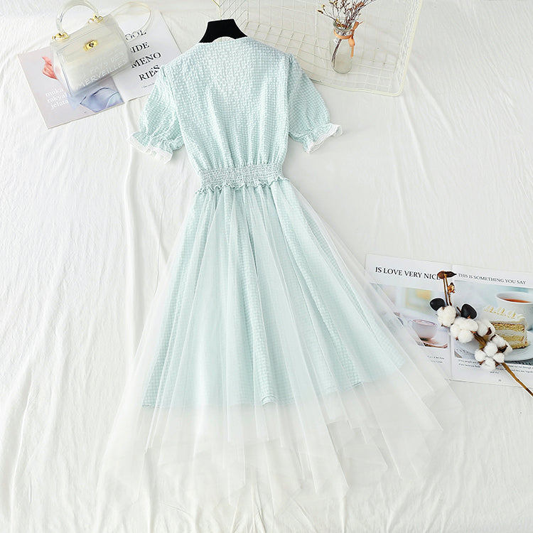 Cotton linen dress Plaid gauze fairy skirt French doll collar  4425