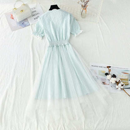 Cotton linen dress Plaid gauze fairy skirt French doll collar  4425