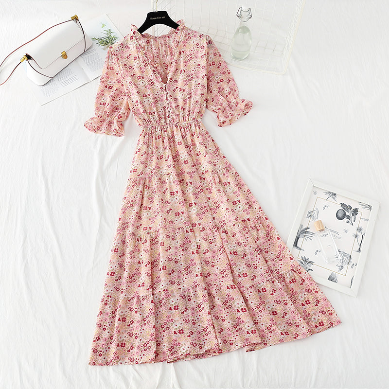 New sweet Floral Chiffon French V-neck slim fairy skirt  4872