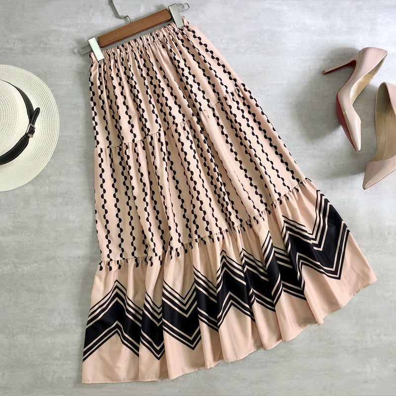 Spring skirt, spliced polka-dot flounce cake skirt, long skirt, wavy A-line skirt  3692