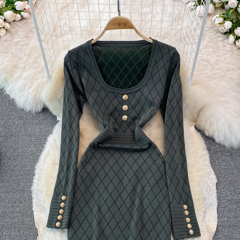 Long sleeve sexy personalized square neck knitted bag hip bottomed dress  3781