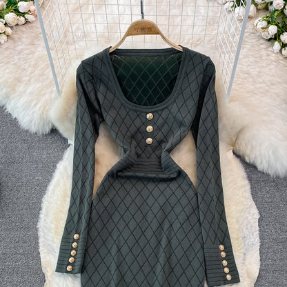 Long sleeve sexy personalized square neck knitted bag hip bottomed dress  3781