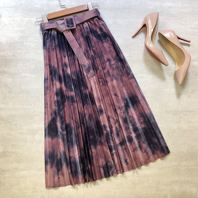 Hot skirt, tie-dyed splashed ink, printed belt, long pleated skirt in the stars  3691