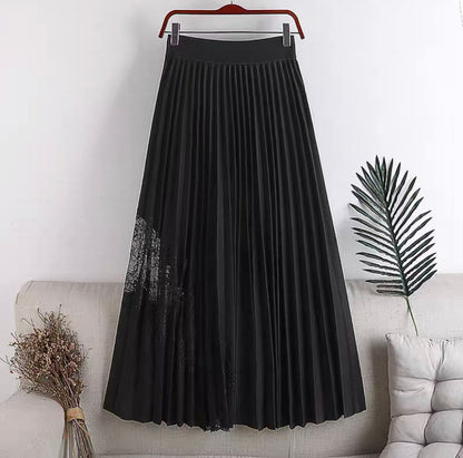 New style, high waist, large swing, elastic waist, pleated spliced lace mid-length skirt  3624