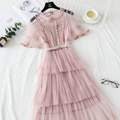 Mesh dress high waist layered cake skirt  4338