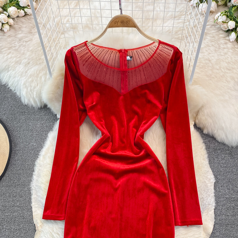 Long sleeve slim slim velvet fishtail buttock dress  3753