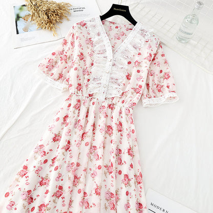 New soft wind floral skirt, slim waist, French minority dress  4643