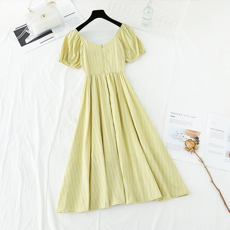 New French retro bubble sleeve chicken heart neck waist dress  4674