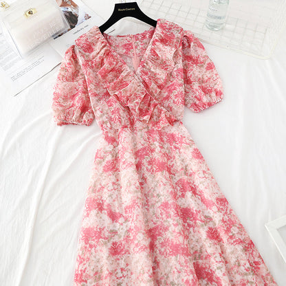 New style slim waist, gentle wind, broken Flower Chiffon French dress  4529