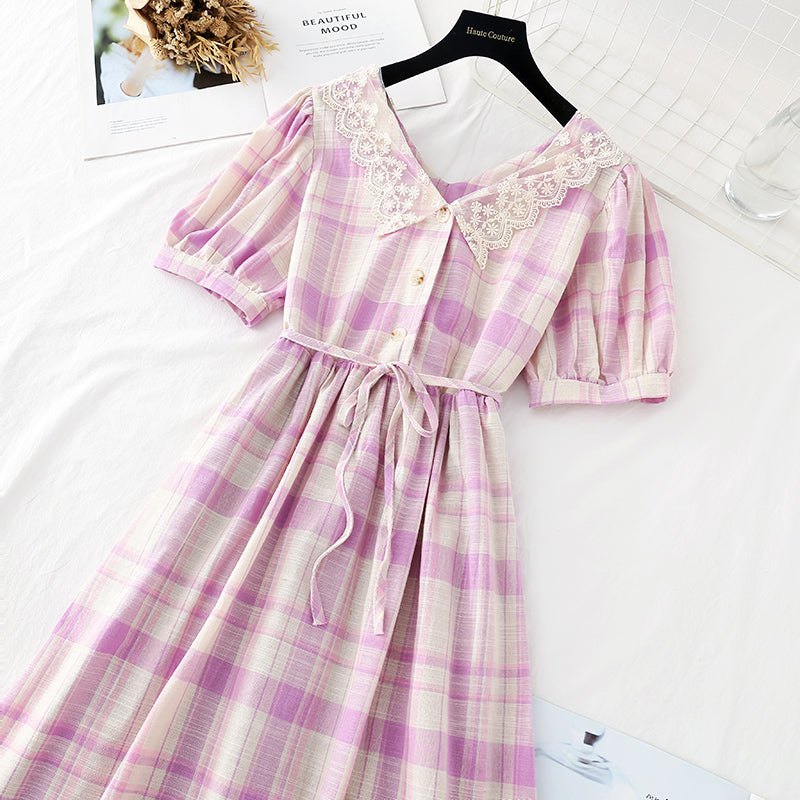Lace doll collar sweet Plaid Cotton Linen Skirt fairy super fairy series  4154