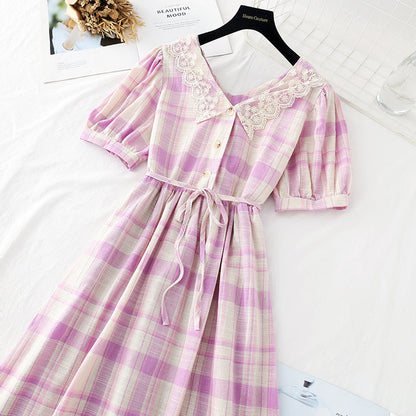 Lace doll collar sweet Plaid Cotton Linen Skirt fairy super fairy series  4154