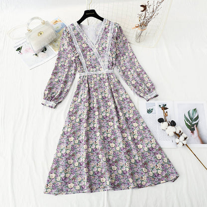 New Chiffon print lace stitching fairy temperament small skirt  4851