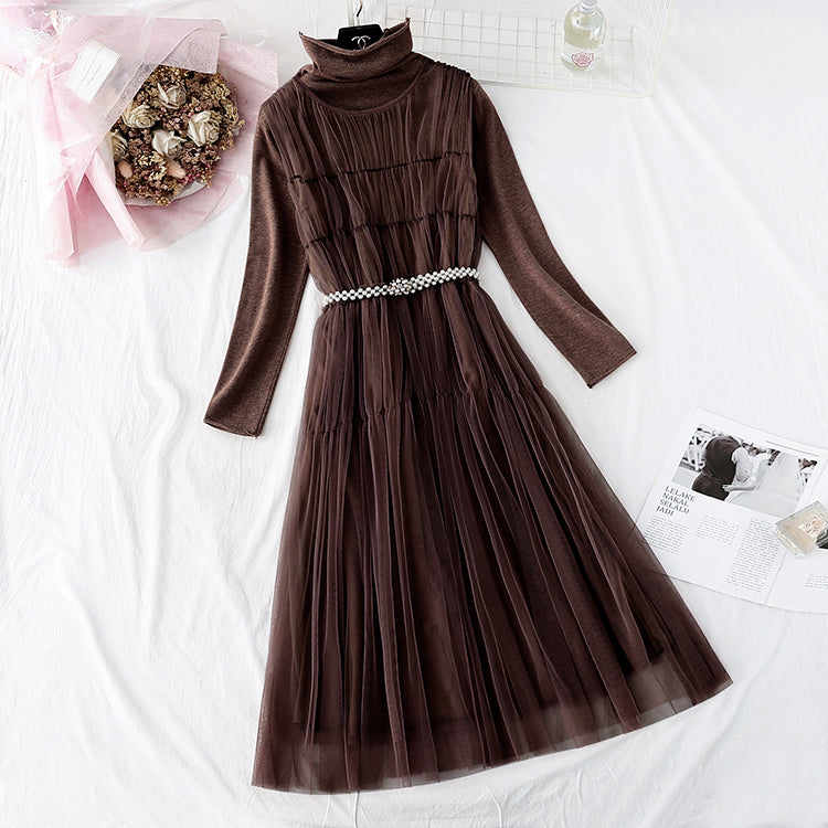 Mesh vest skirt + high neck bottomed shirt two-piece set  4578