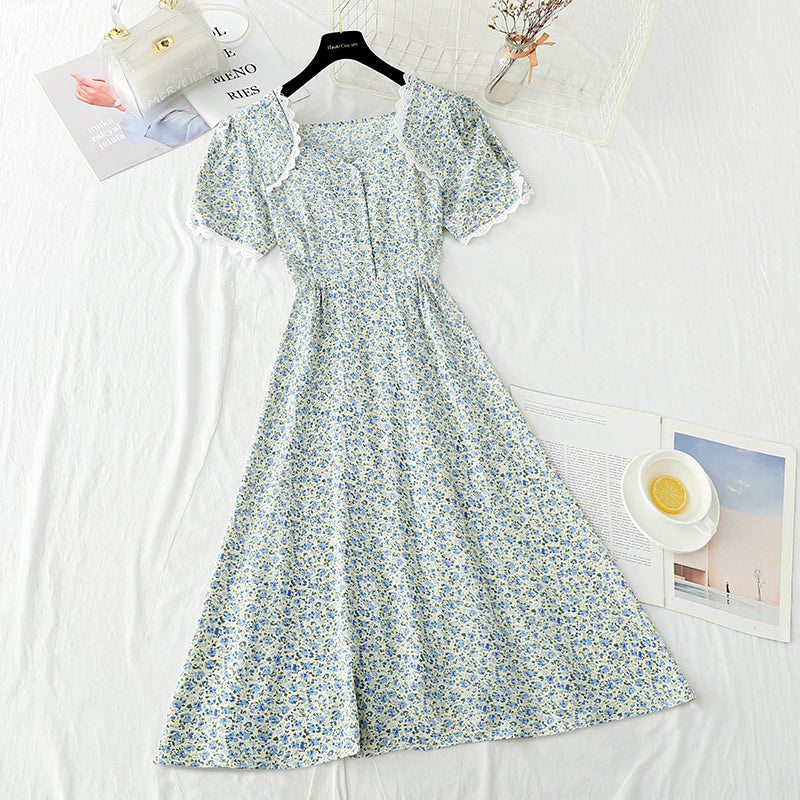 Square collar lace edge sweet floral skirt tea break temperament small skirt  4888