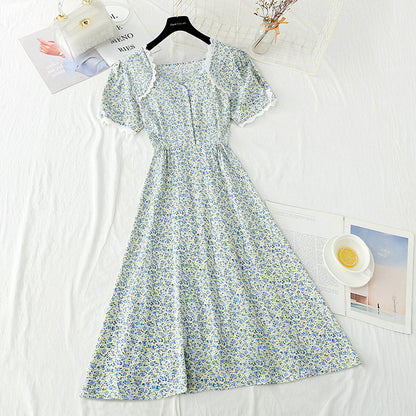 Square collar lace edge sweet floral skirt tea break temperament small skirt  4888