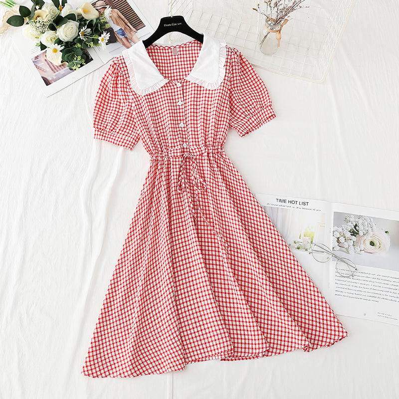 Skinny belly covering lace up French doll neck plaid skirt  4902