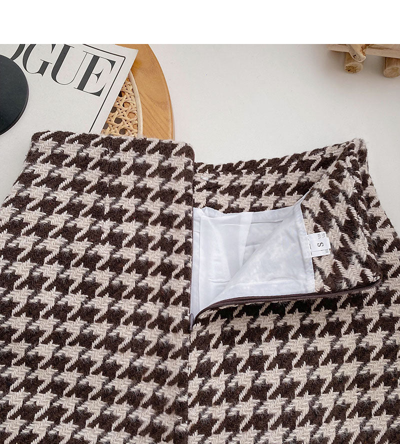 Pearl button small fragrance wind high waist thousand bird grid A-shaped skirt  5571
