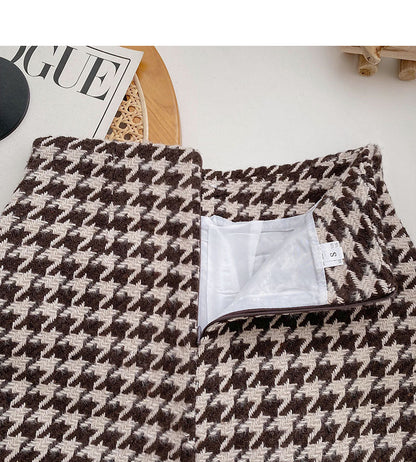 Pearl button small fragrance wind high waist thousand bird grid A-shaped skirt  5571