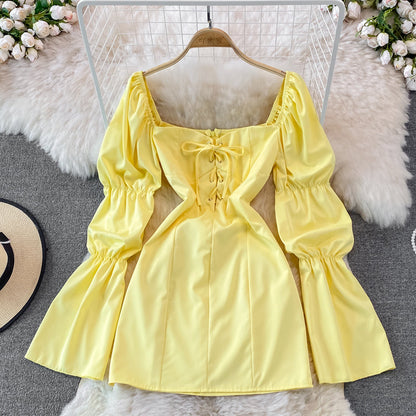 Bubble sleeve square neck high waist slim dress  3761