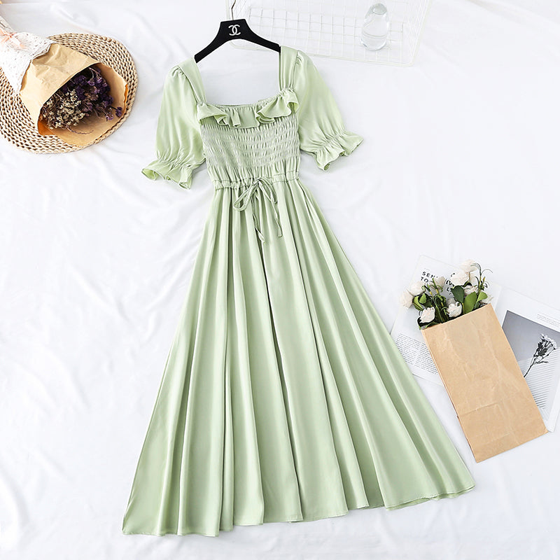 French retro Platycodon grandiflorum square collar Xianqi super xiansen long skirt  4143