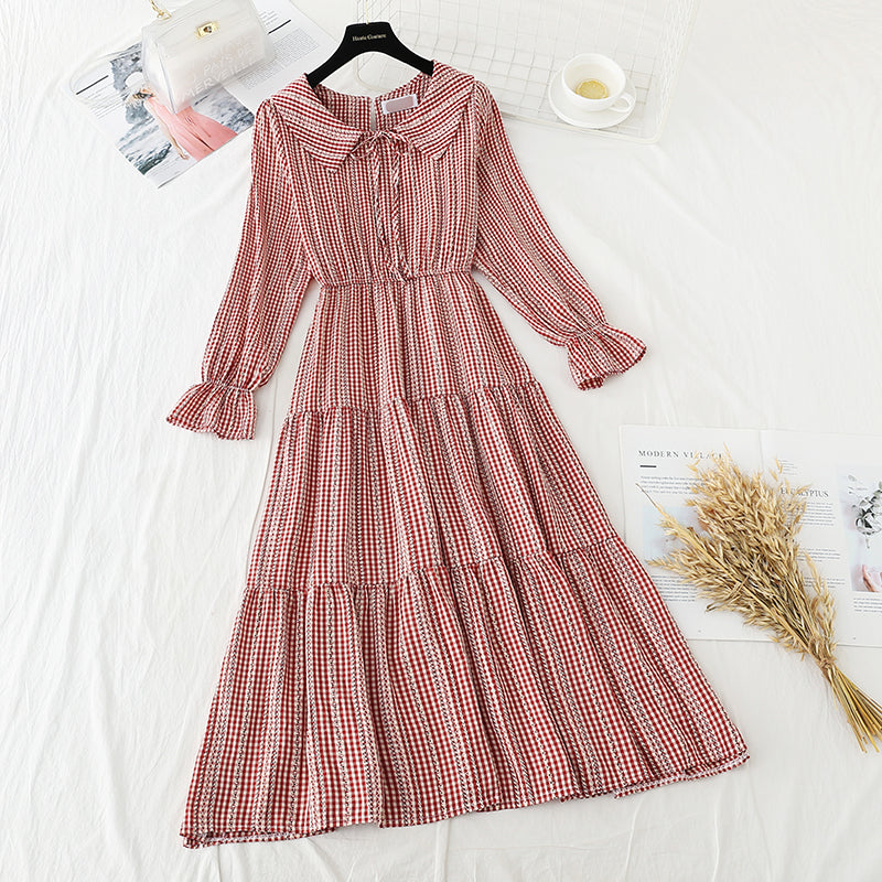 New women's high waist thin French Plaid Dress  4220