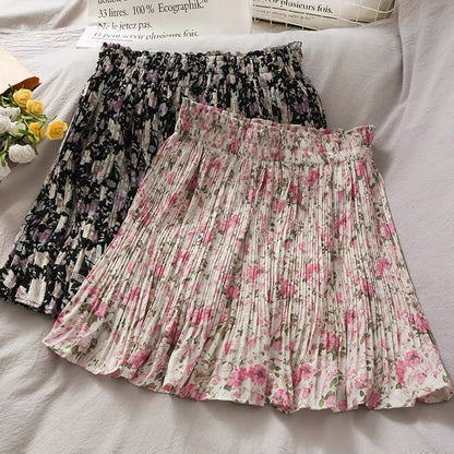 Vintage, elasticated waist, print pleated skirt, floral short skirt  3594
