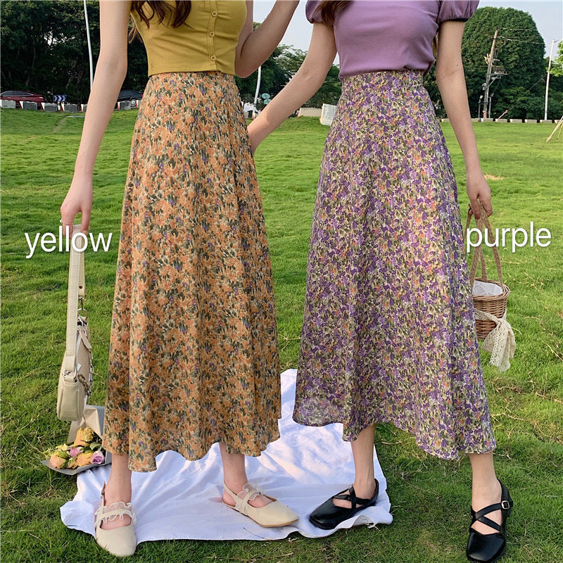 Midi floral skirt, new style, high waist, drawstring fishtail A-line skirt  3652