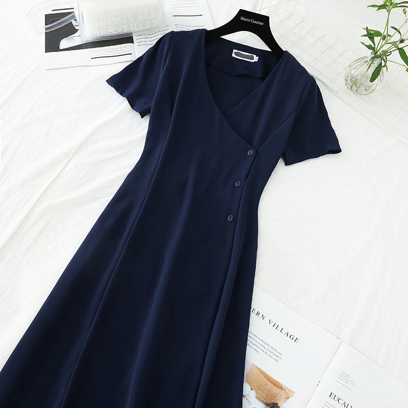 V-neck simple temperament goddess pure color cotton linen slim skirt  4204