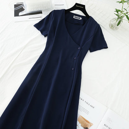 V-neck simple temperament goddess pure color cotton linen slim skirt  4204