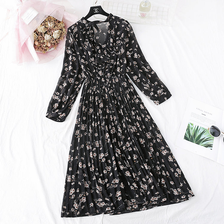 New style with bottom pleated floral skirt French retro super Fairy  4579