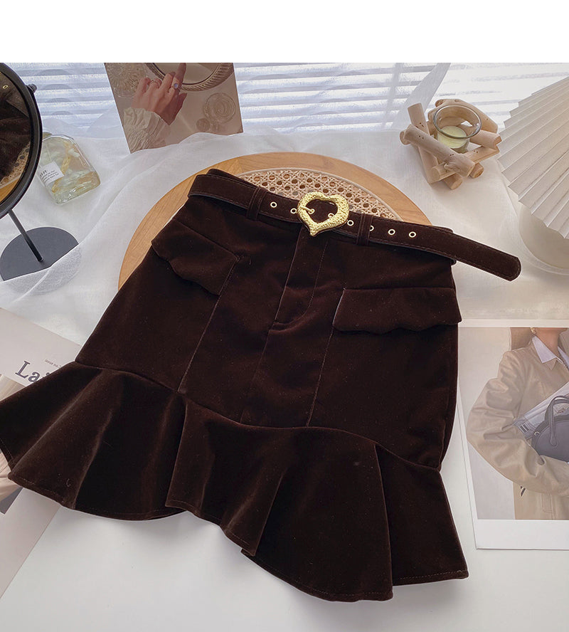 Golden velvet high waist A-shaped fishtail skirt for women  5384