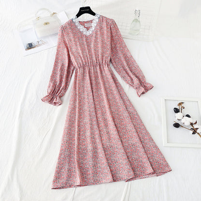 Korean cut waist lace up floral dress looks thin and bottomed skirt  4840