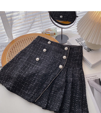 Korean version irregular pearl buckle high waist retro temperament thin  5302