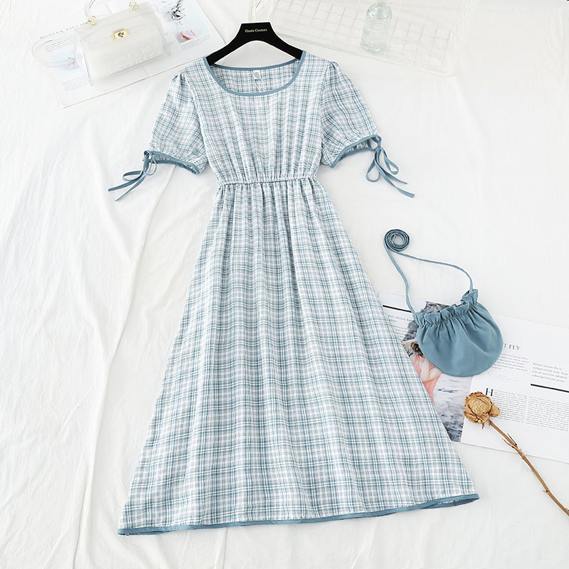 Fresh lace up, thin and high temperament, square neck Plaid Dress  4210
