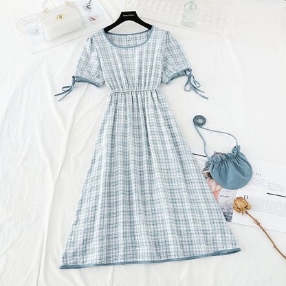 Fresh lace up, thin and high temperament, square neck Plaid Dress  4210