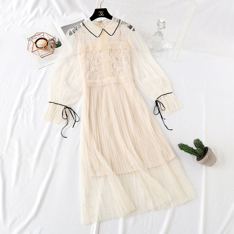 Lace mesh dress trumpet sleeve nail bead sling  4323